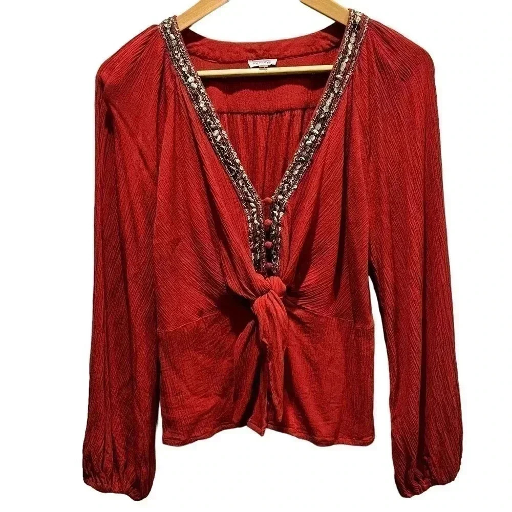 En Crème Burnt Red Front Tie Blouse Beaded Collar Size Medium